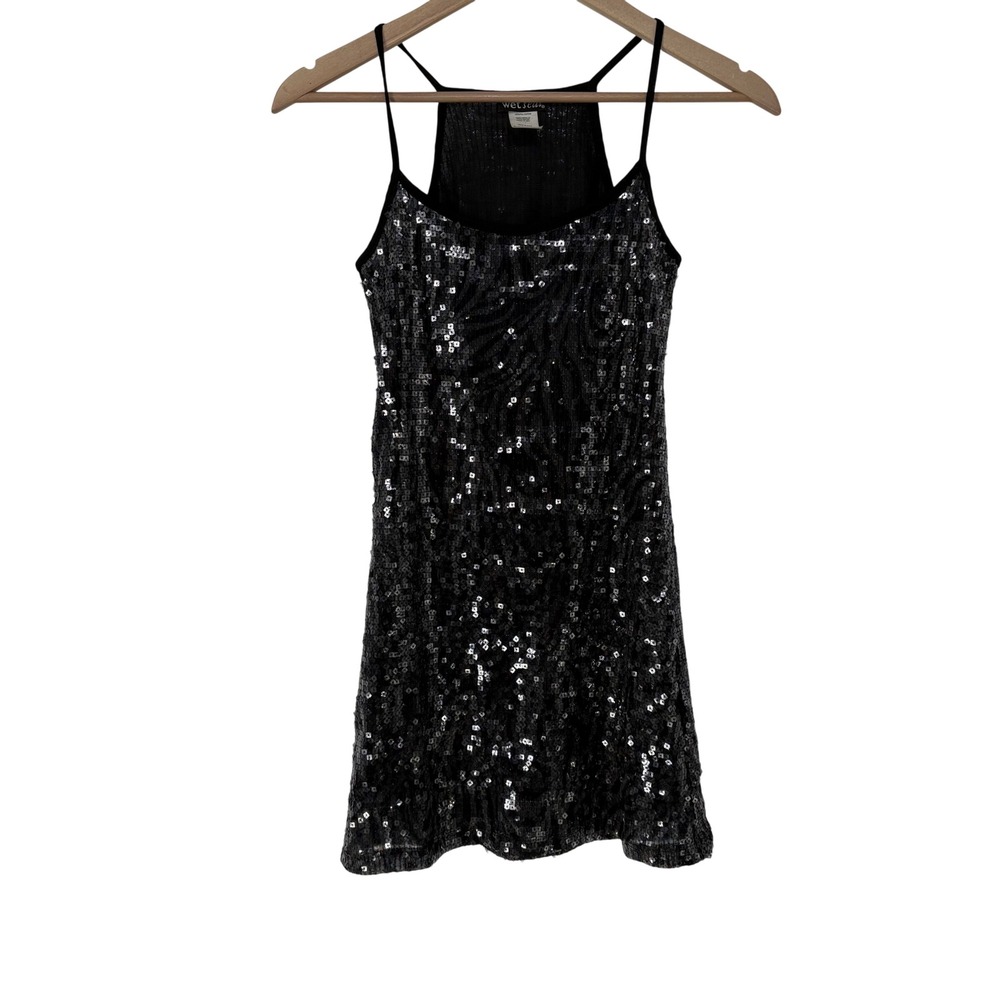 Y2K Wet Seal Black Sequin Zebra Micro Mini Dress XS Racerback Night Out Retro